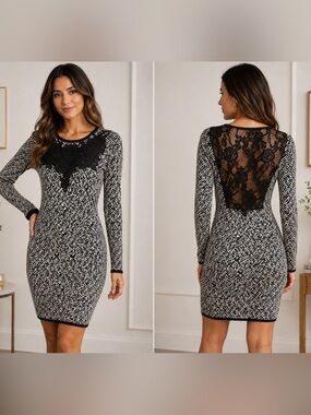Léo Guy Size 3 Black White Lightweight Knit Lace Dress Geometric Sheer Back